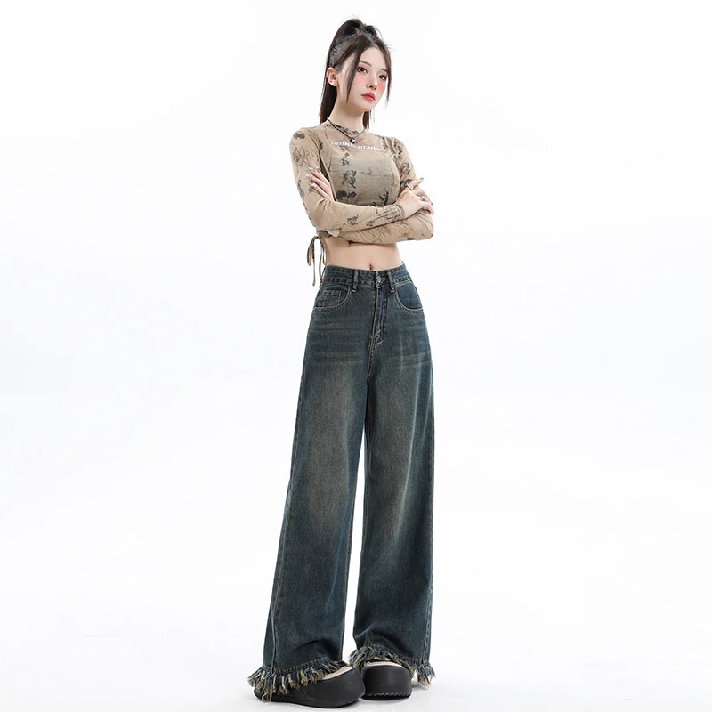 【春日新品】复古毛边阔腿牛仔裤个性穿搭高腰流苏垂感直筒拖地长裤