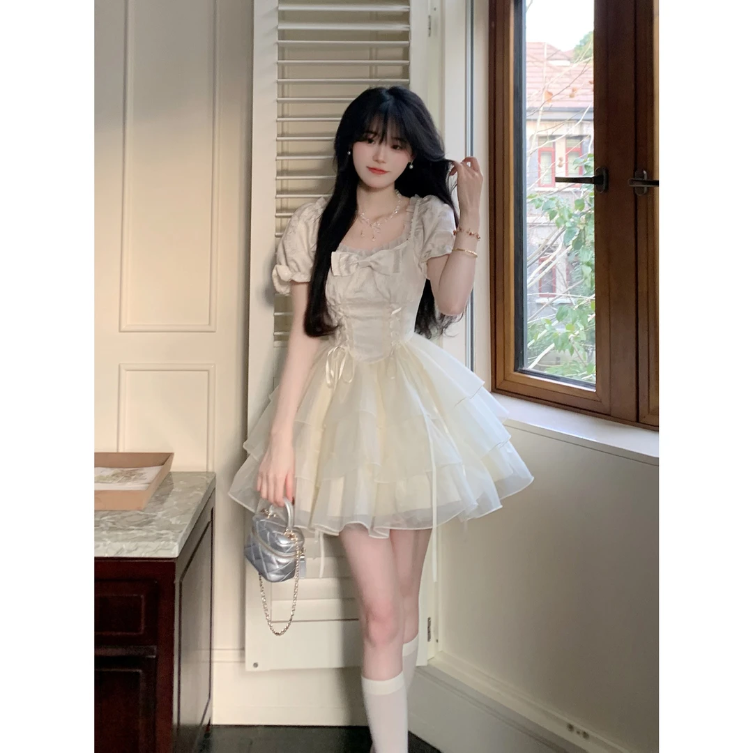 Blovelan清风铃兰 甜美公主风蝴蝶结欧根纱短款连衣裙蓬蓬裙女夏