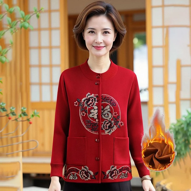 中老年人秋冬外套奶奶毛衣加绒加厚保暖妈妈装开衫喜庆老太太衣服