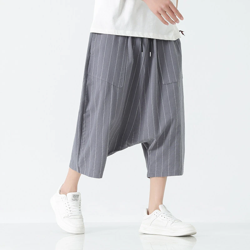 灯笼裤大码肥佬条纹阔腿吊裆裤中国风夏季棉麻七分裤宽松低裆垮裤