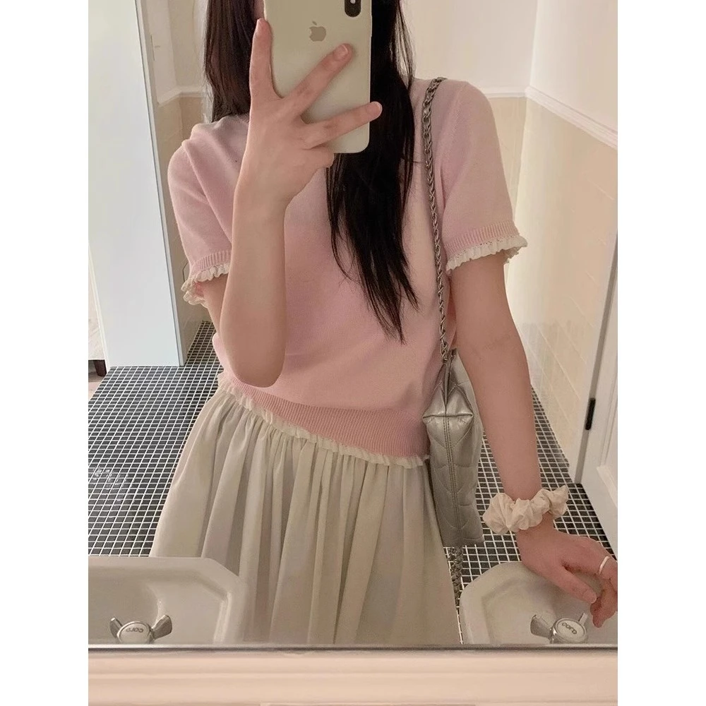 韩系chic别致粉色花边甜辣小上衣法式设计感气质针织短袖T恤衫女