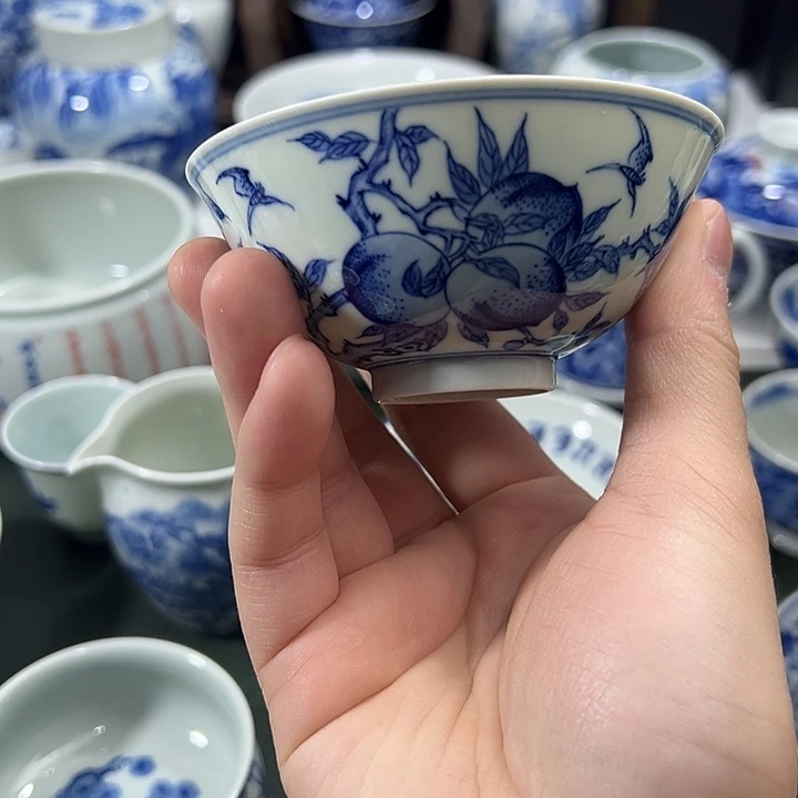 微瑕柴窑九桃五福薄胎宫碗