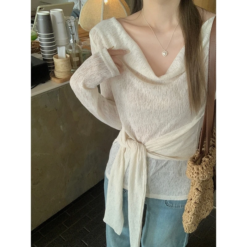 【双11捡漏】乌77肌理一字肩荡领T恤女韩系百搭绑带收腰显瘦上衣