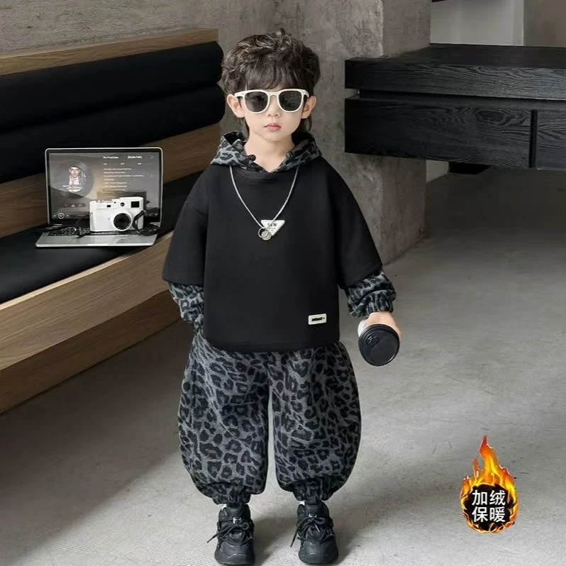 男童秋冬连帽卫衣2025新款加绒潮酷两件套中小童韩版秋冬卫衣套装