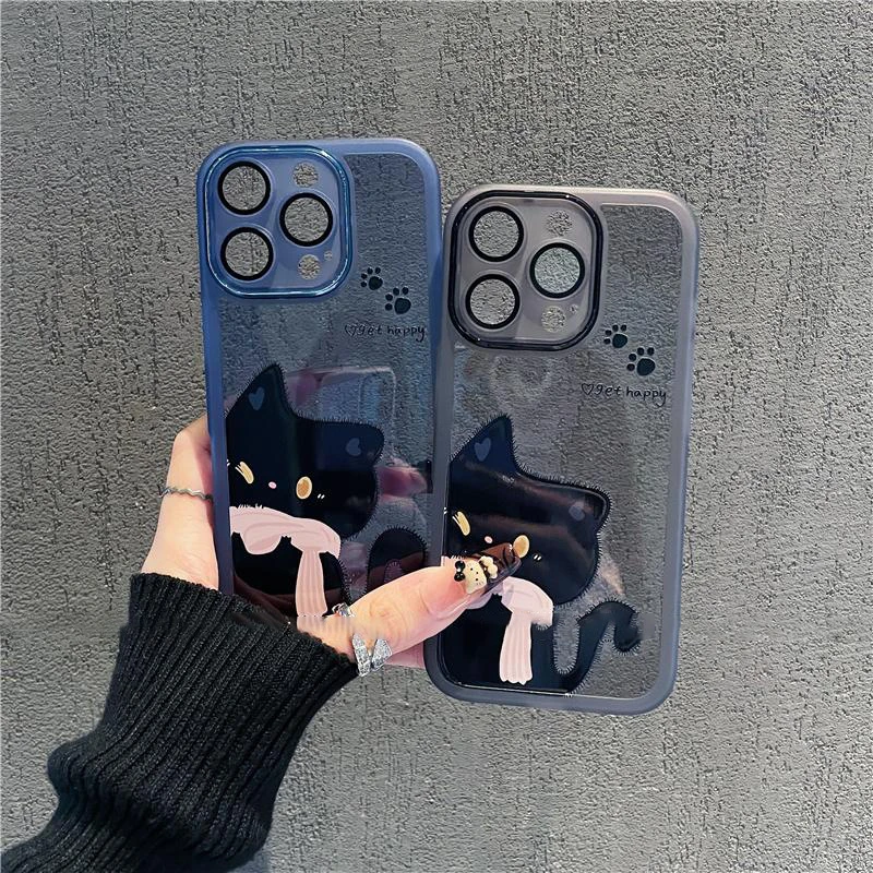 围巾黑猫适用17pro手机壳iPhone16pm金属镜框15创意14plus个