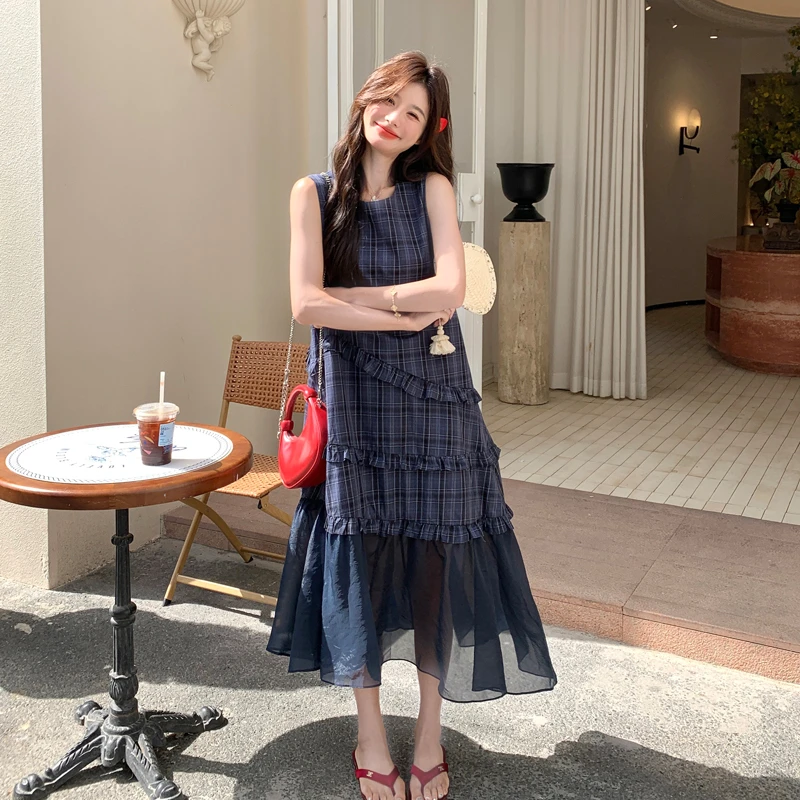 复古蓝色格纹网纱拼接无袖连衣裙女2025夏季新款韩系木耳边背心裙