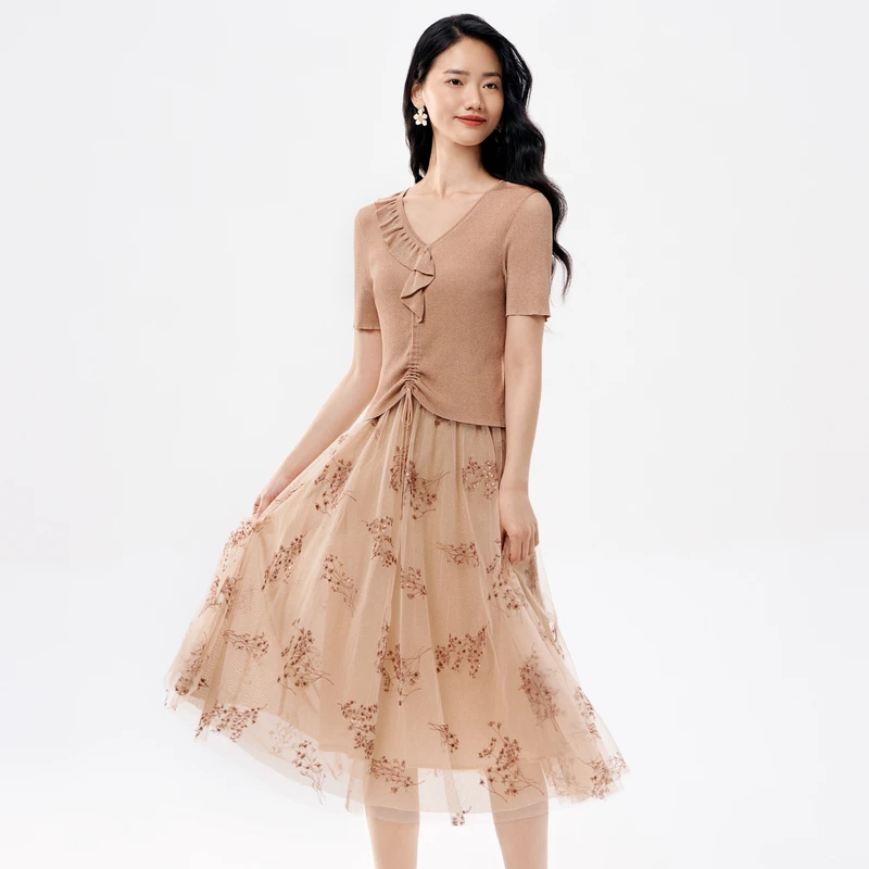 【粉丝专享】BuouBuou商场同款真两件针织网纱珠片绣连衣裙BKCG365