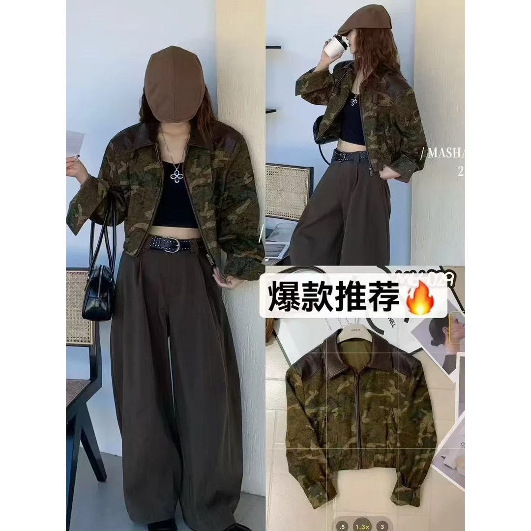 2025新款深圳欧货迷彩拼皮复古牛仔短款外套