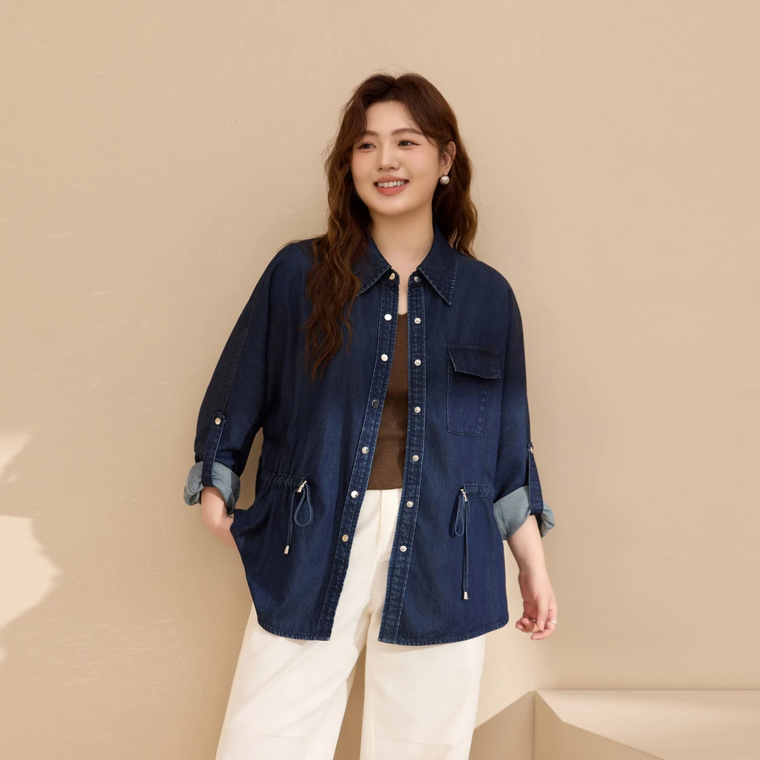 【蓝调时光】纤莉秀W大码女装秋上新流光风抽褶牛仔复古外套QK1004