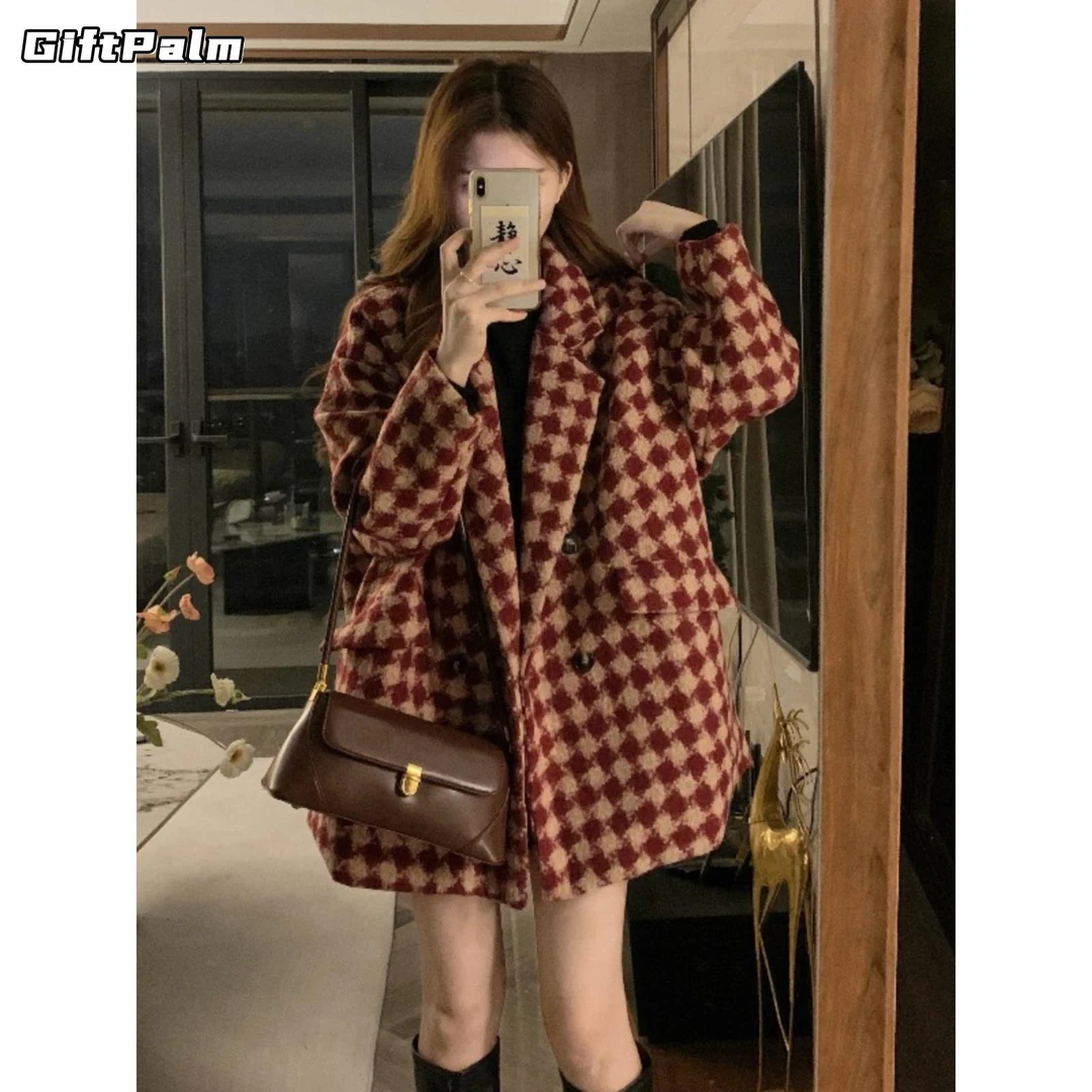 GiftPalm美拉德复古格子西装毛呢外套女秋季新款百搭高级感气质潮