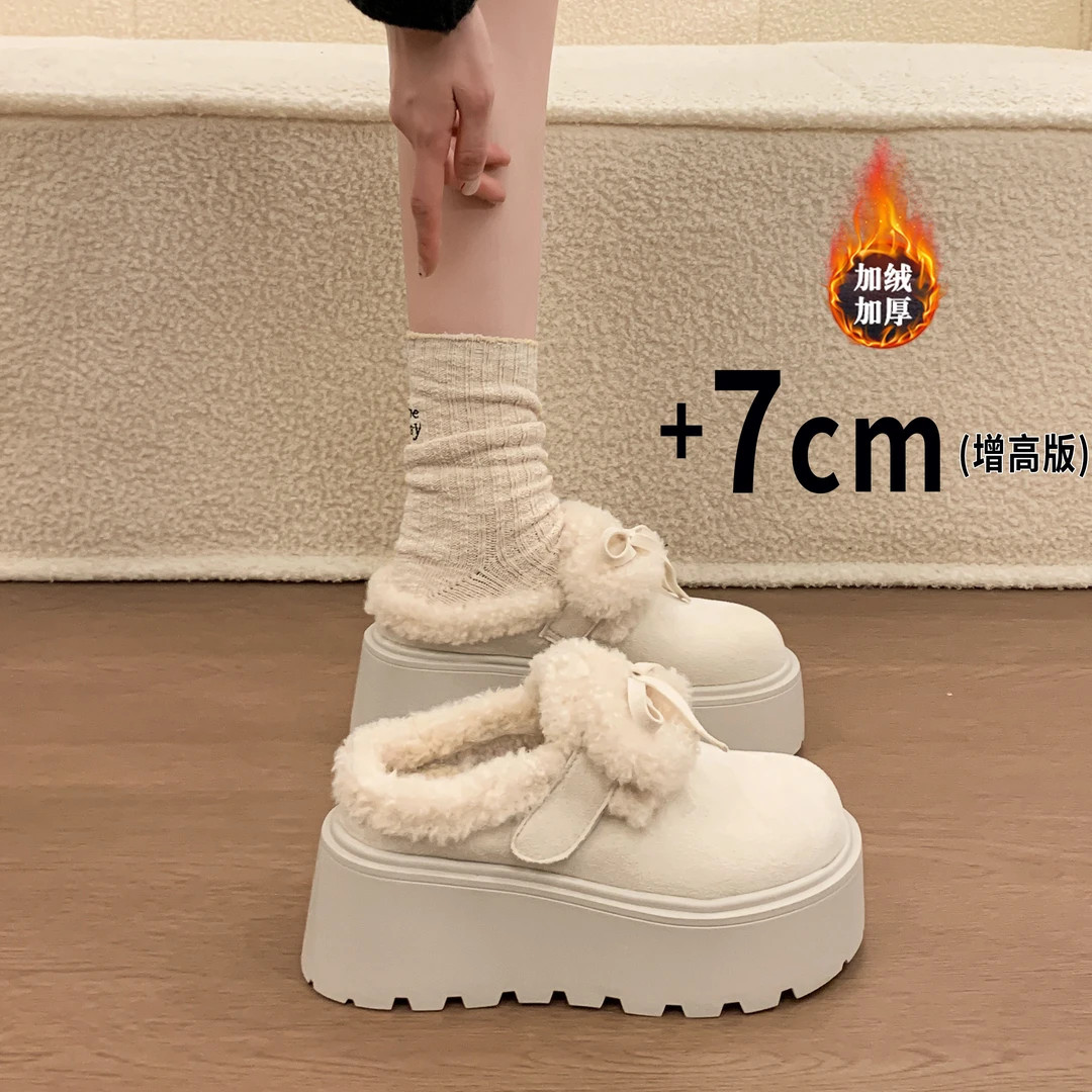 新百伦厚底增高白色加绒勃肯鞋包头半拖鞋女2025新款毛毛棉拖棉鞋
