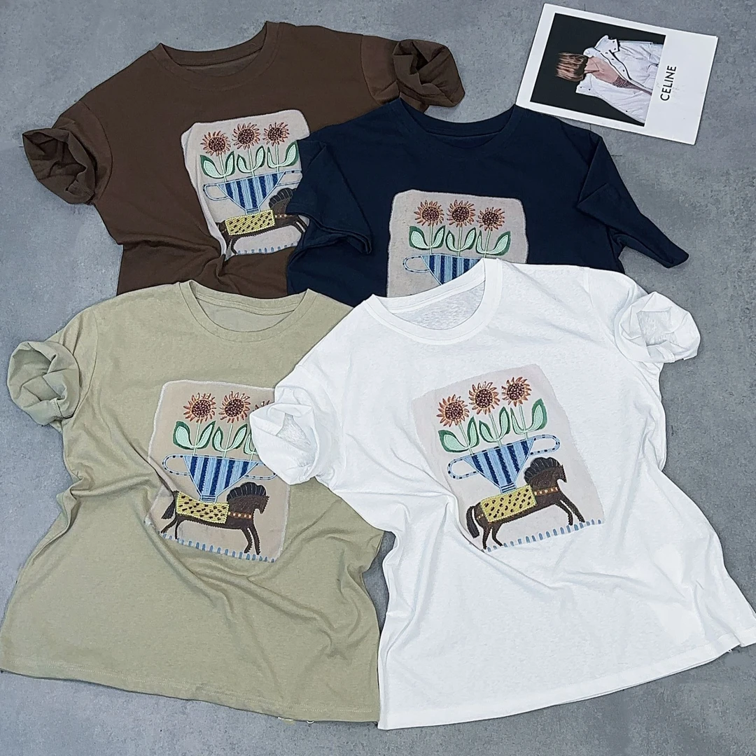 36013#复古圆领小马卡通印花短袖女夏季新款时尚休闲减龄显瘦T恤