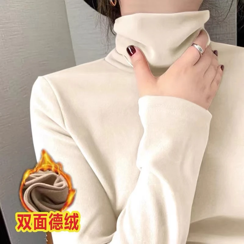 打底衫女双面绒秋冬内搭堆堆领加绒百搭宽松版保暖长袖纯色女上衣