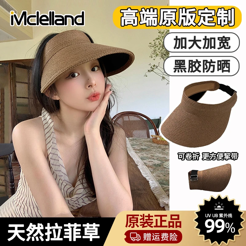 Mclelland草编黑胶防晒帽高级感草帽女遮阳防紫外线夏季空顶帽子