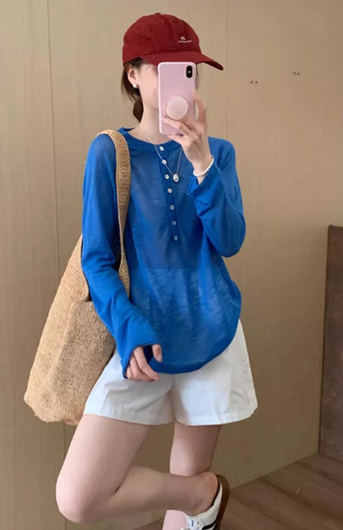 克莱因蓝亨利领长袖T-恤多巴胺防晒罩衫女2025夏季新款航海系上衣