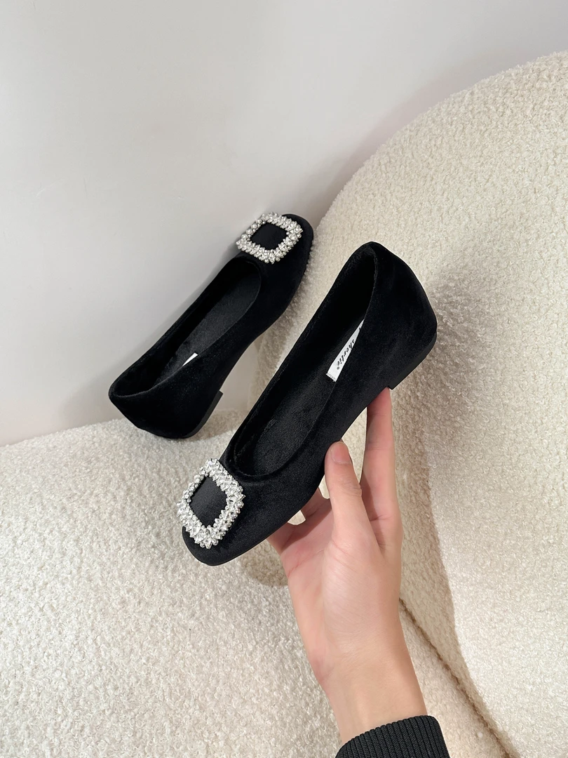黑色增高一脚蹬气质时尚浅口圆头瓢鞋水钻单鞋时尚百搭软底女鞋