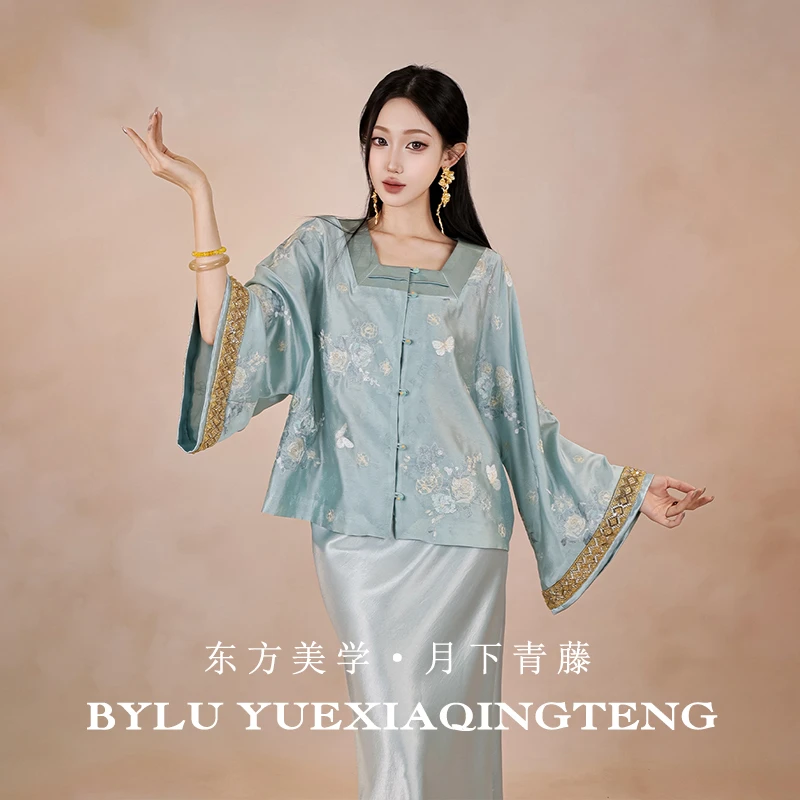 帛录【月下青藤】国风新中式正襟方领刺绣衬衫女复古贵气薄款外套