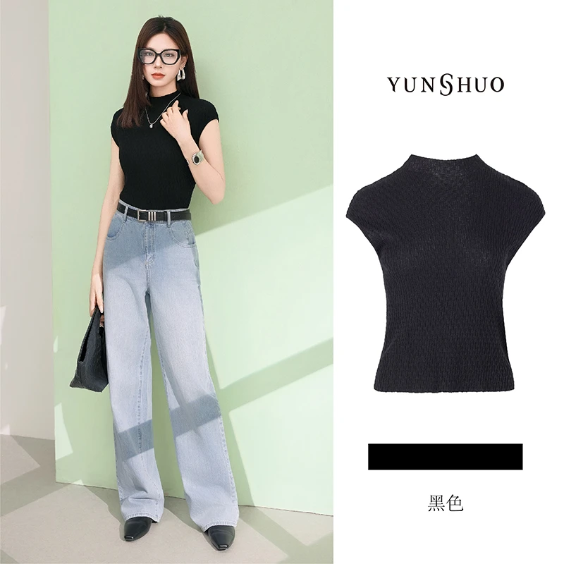 允硕夏季新品时尚百搭透气立领女黑色修身无袖气质上衣短袖735216