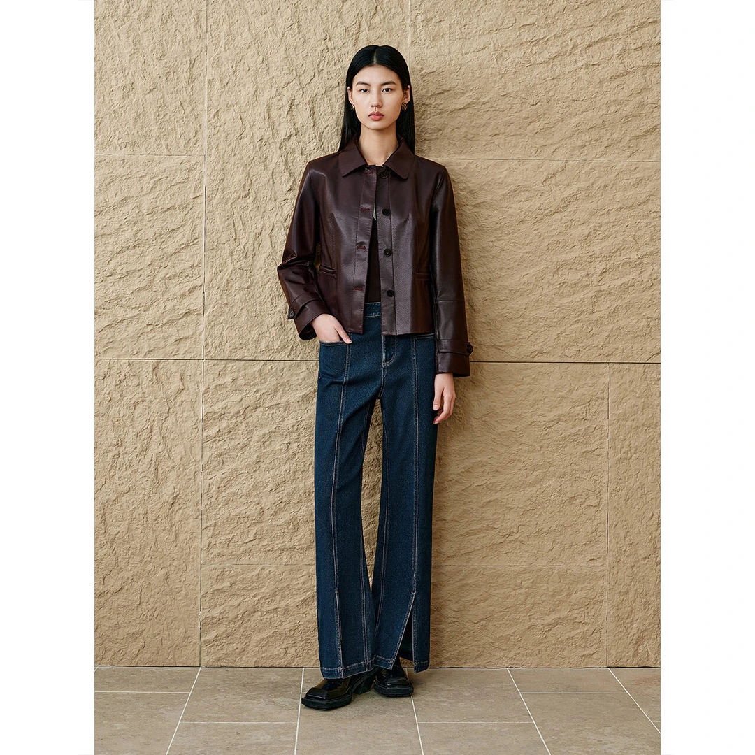 INSUN恩裳春款新款自然摔纹绵羊皮皮衣短外套9C65109080