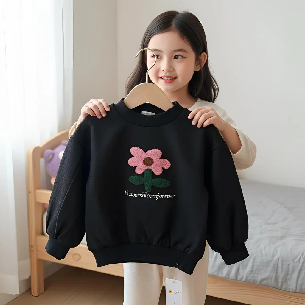 女童秋冬新款加绒加厚酒红色圆领套头卫衣童装