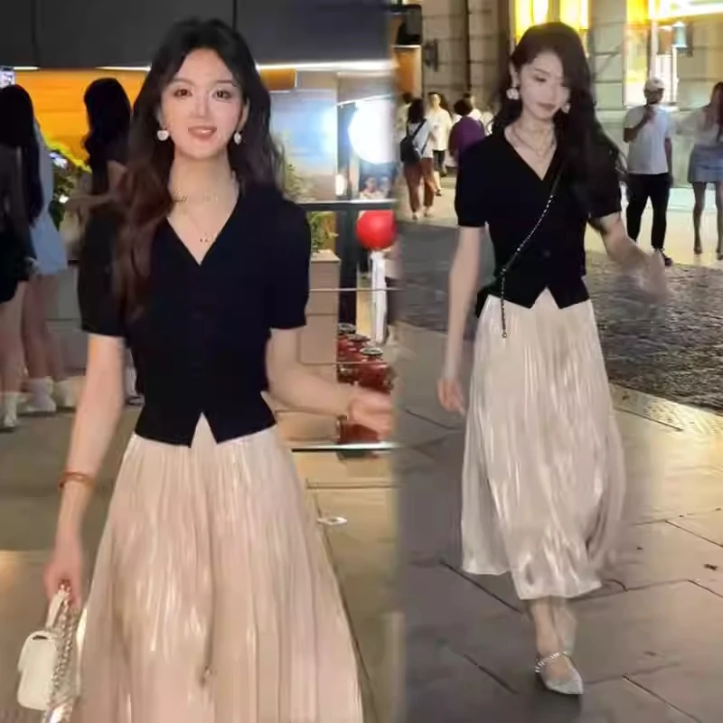 时尚套装女2025夏季冰丝针织短袖开衫流光纱裤裙气质显瘦两件套潮