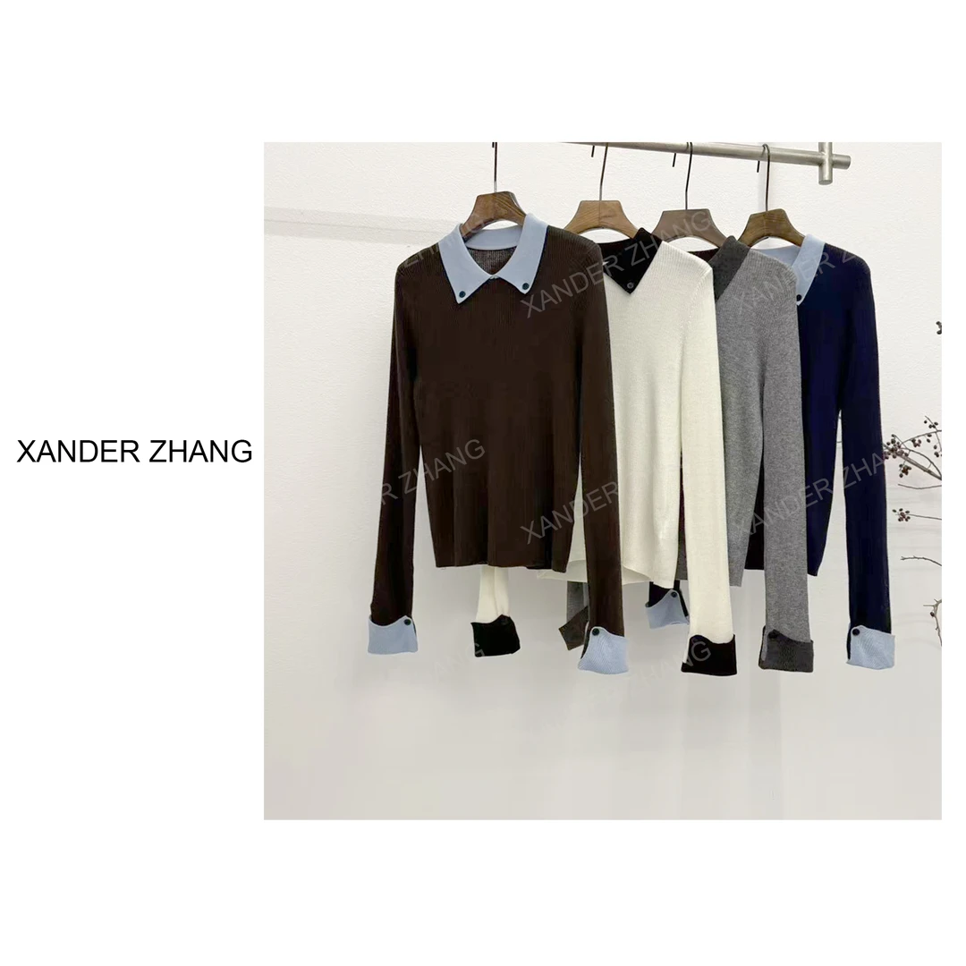 山大张精纺丝光羊毛法式撞色小翻领减龄毛衫YBMS1J775百搭显瘦
