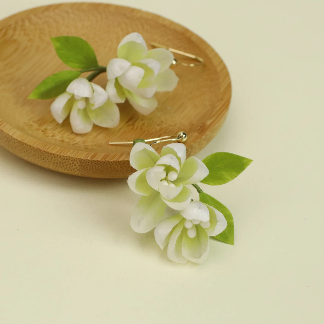 【夏夜茉莉】非遗绒花茉莉花耳环古风可爱