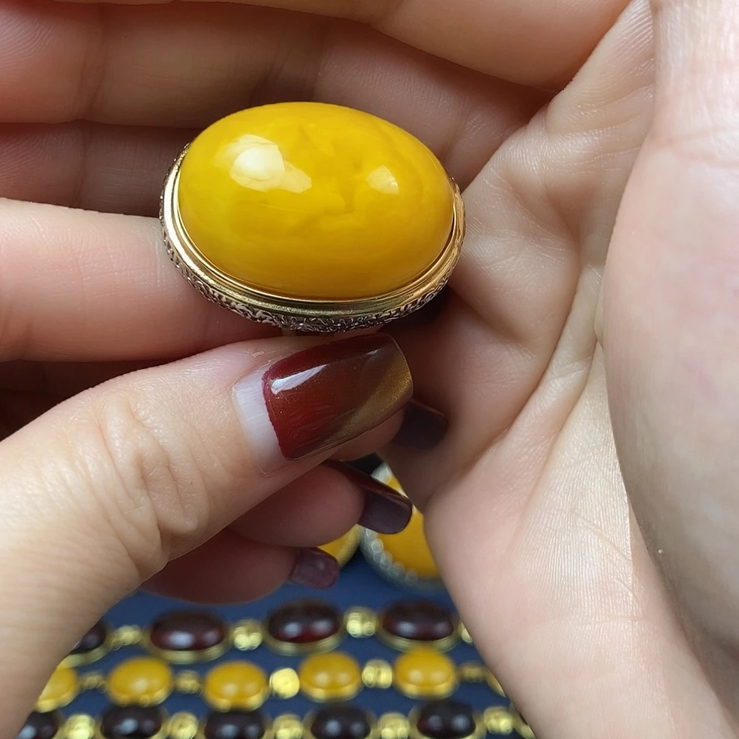 蜜蜡戒指银S925镶嵌时尚