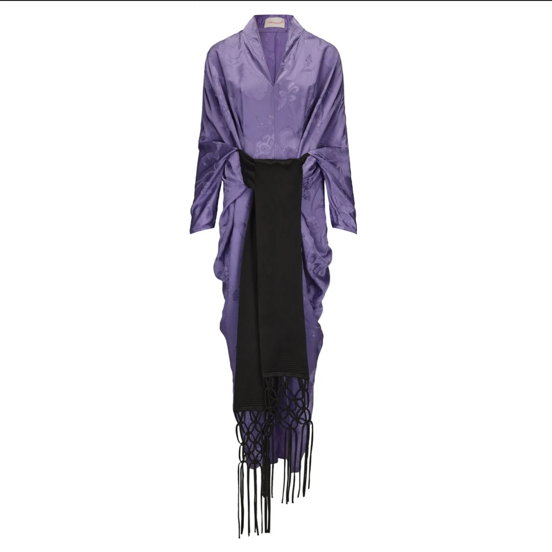 JUNYANG 雪青提花中式绳结腰带廓形连衣裙