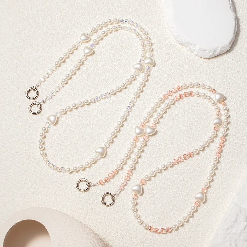 珍珠爱心手机挂绳长款挂脖可斜挎金属扣手机链女款通用短款女士