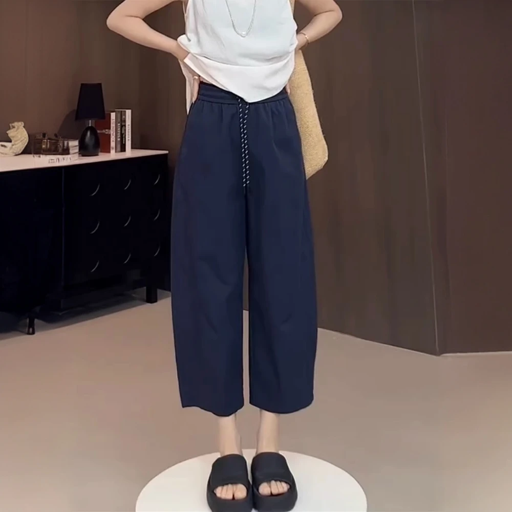 夏季薄款宽松速干哈伦裤大码松紧腰系带遮胯显瘦小个子八分老爹裤