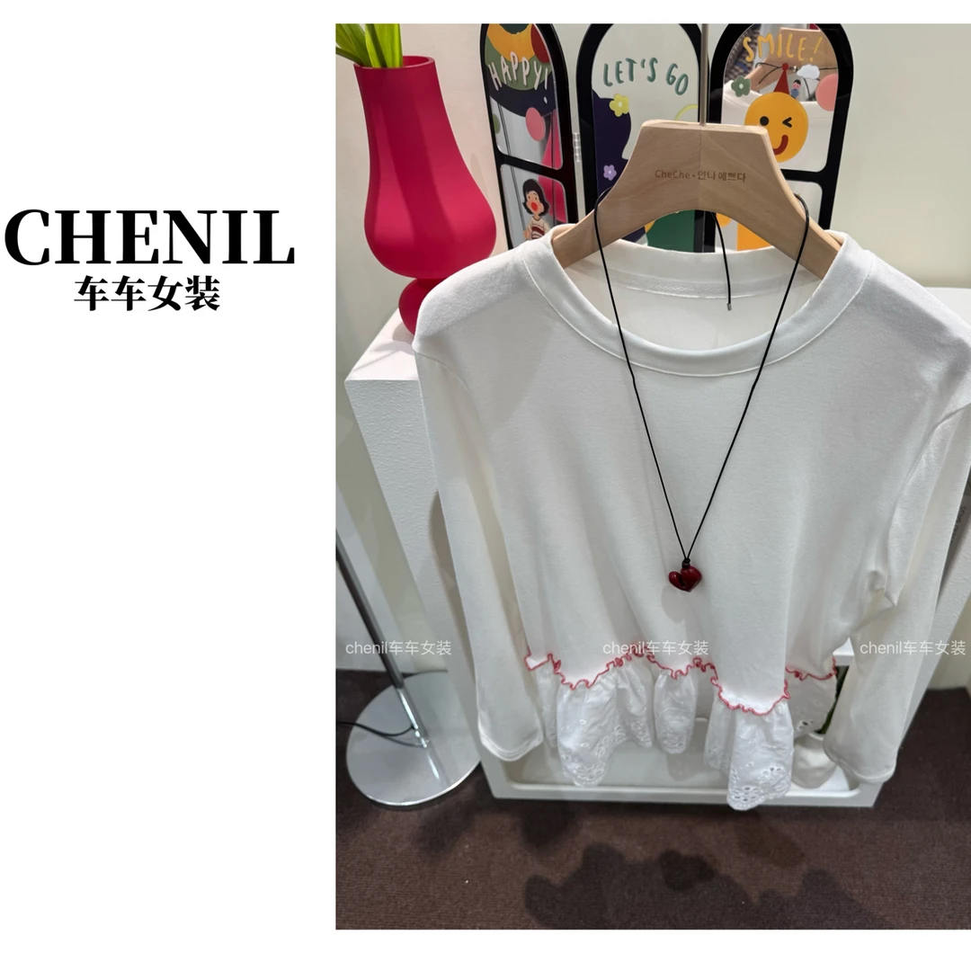 CHECHE【美少女T】韩系蕾丝拼接假两件t恤女小众设计感减龄上衣