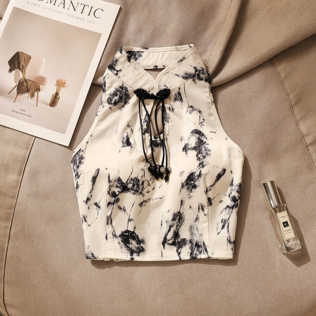 新中式国风盘扣挂脖吊带背心女夏季外穿辣妹性感修身短款无袖上衣