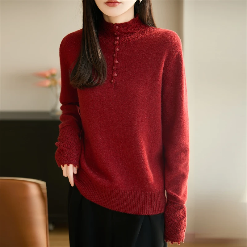 时尚品牌女装秋冬半高领精纺针织衫长袖打底衫洋气勾花保暖毛衣女