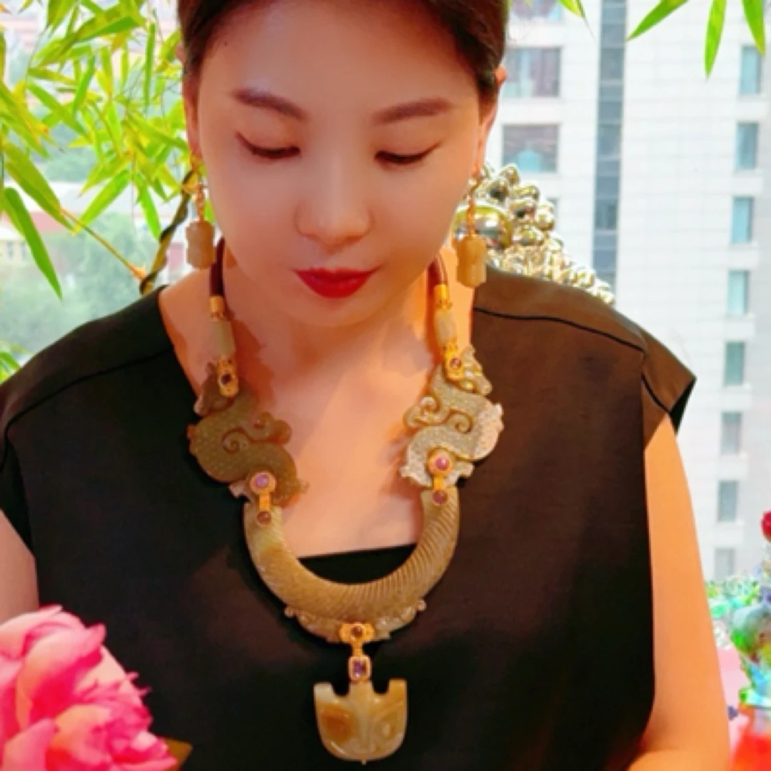 原创古风设计和田玉玉璜古龙牌兽面复古时尚项链【天玺珠宝】