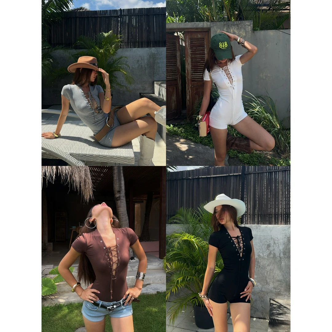 KKSHOP美式辣妹绑带V领设计短袖连体衣紧身性感显瘦弹力连体短裤