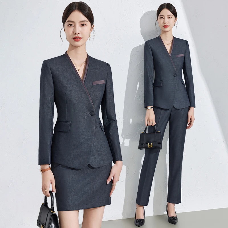 深灰色高端职业套装女2025春秋珠宝店美容院酒店前台工作服工装