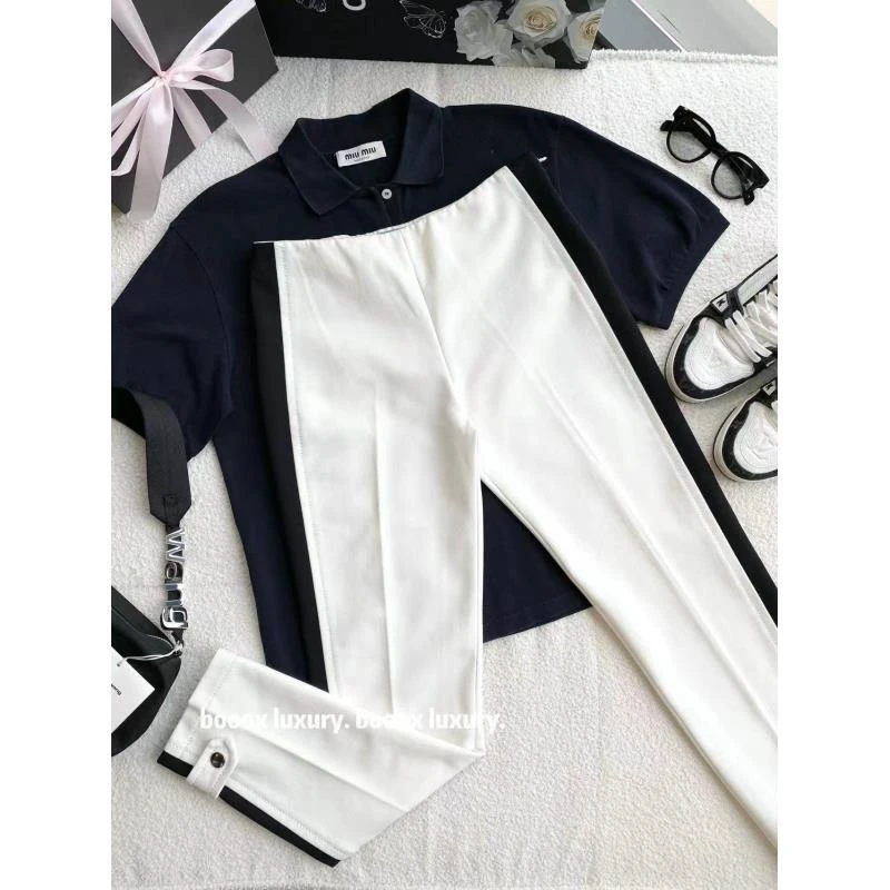 95新 Prada/普拉达  xw200 聚酰胺纤维 黑色侧条纹白色休闲裤40S