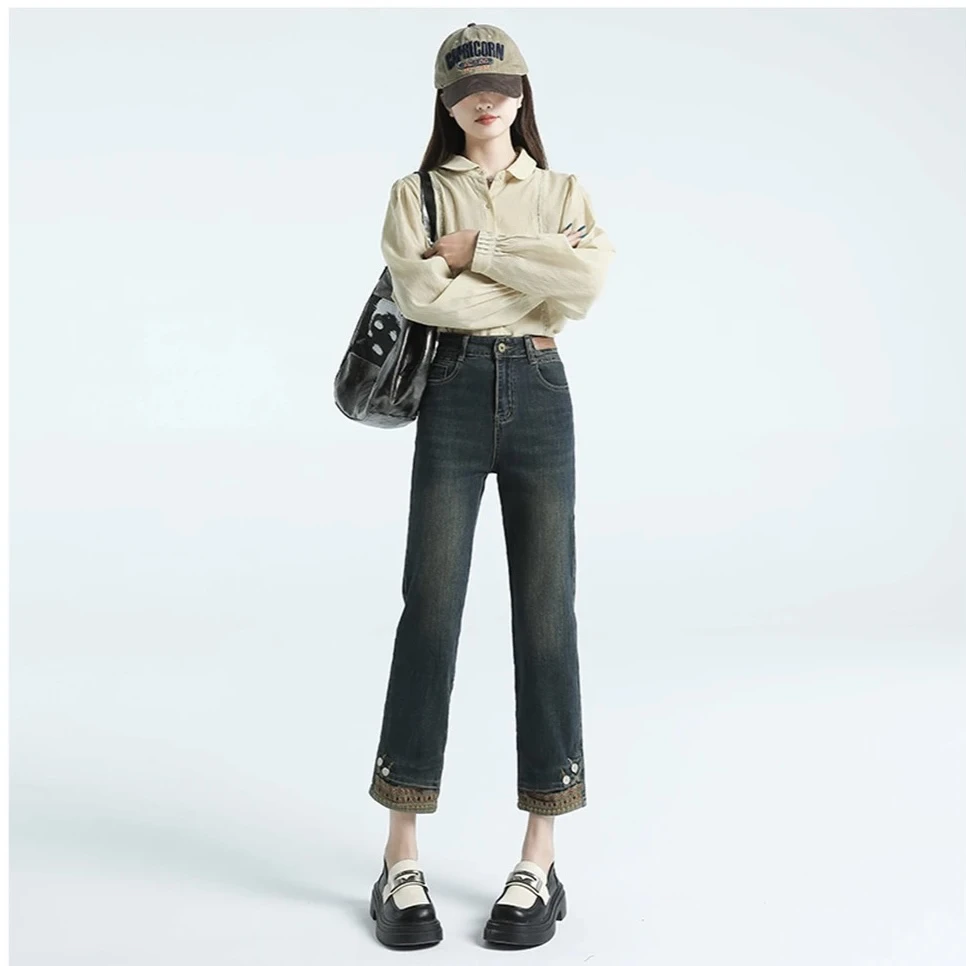 四面弹小个子九分直筒牛仔裤女新款高腰显瘦弹力刺绣烟管裤828