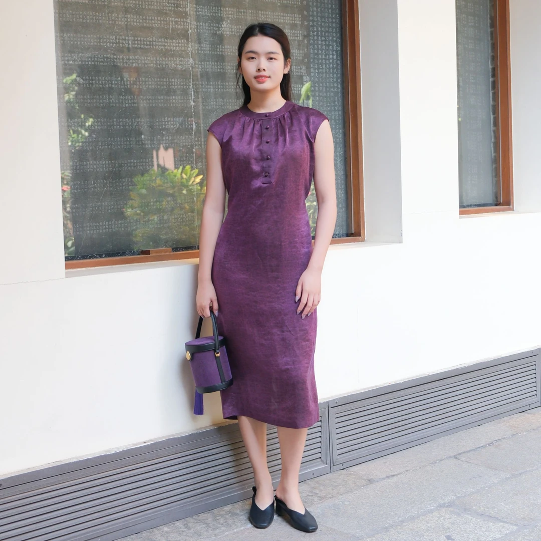 【香云故里】紫素平缎香云纱领口碎褶连衣裙XB24-G11126