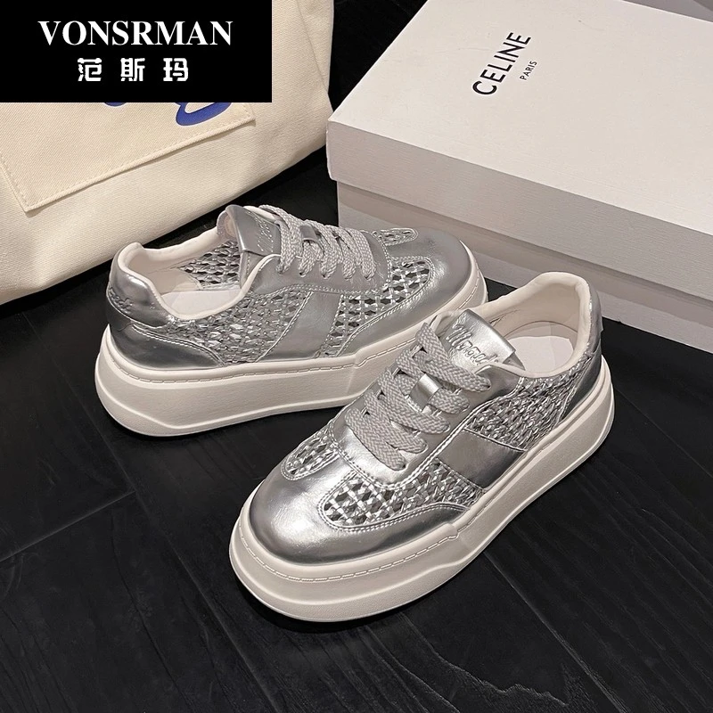 厚底增高小白鞋女2025夏季新款小众百搭编织镂空透气户外休闲板鞋