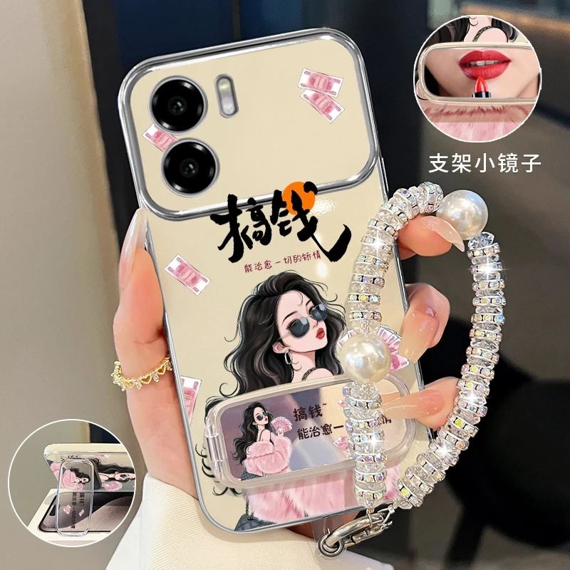 适用华为nova11se搞钱小富婆手机壳补妆镜折叠支架防摔创意女款