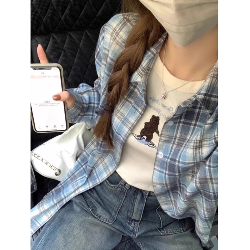 美式复古蓝色格纹防晒衬衫女春夏高级感慵懒风bf宽松长袖薄款衬衣