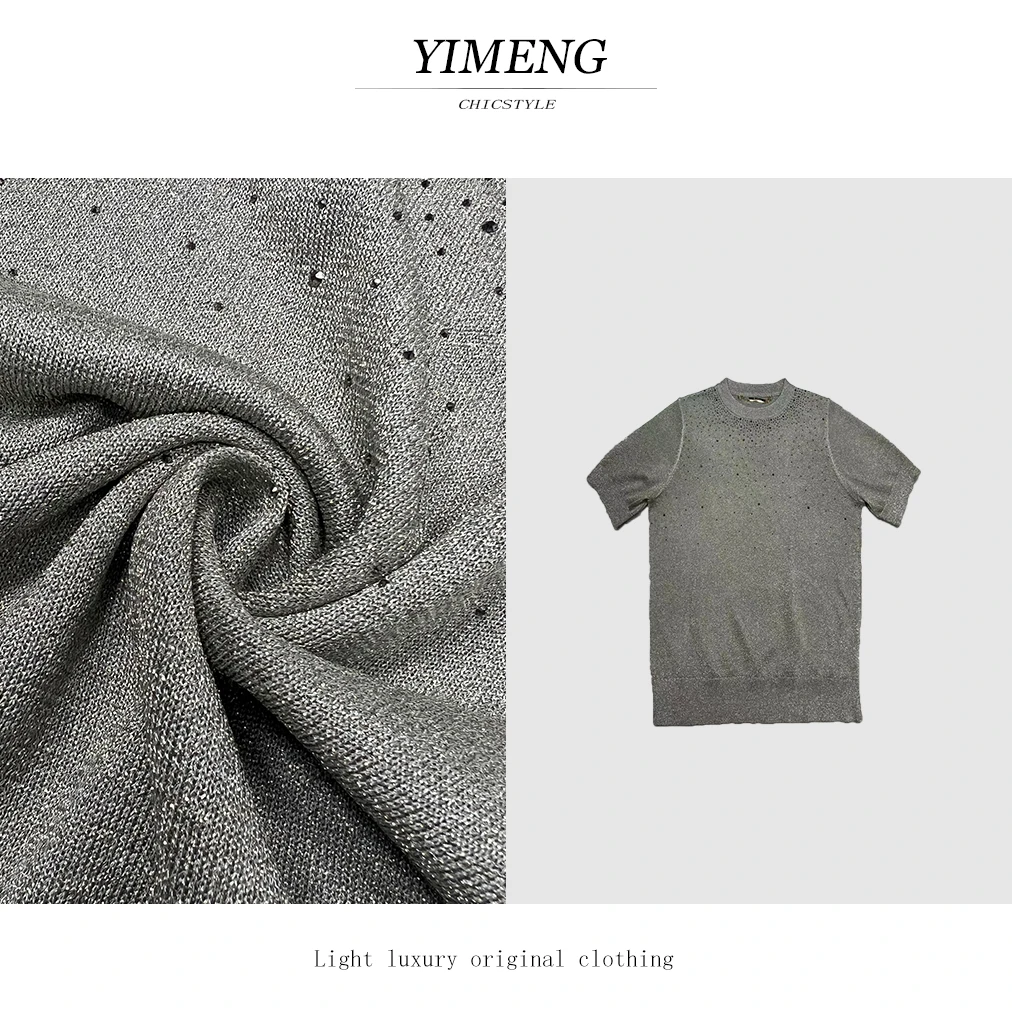 YIMENG/逸梦【银灰满天星】 轻奢水晶烫钻 时尚显瘦气质圆领短袖