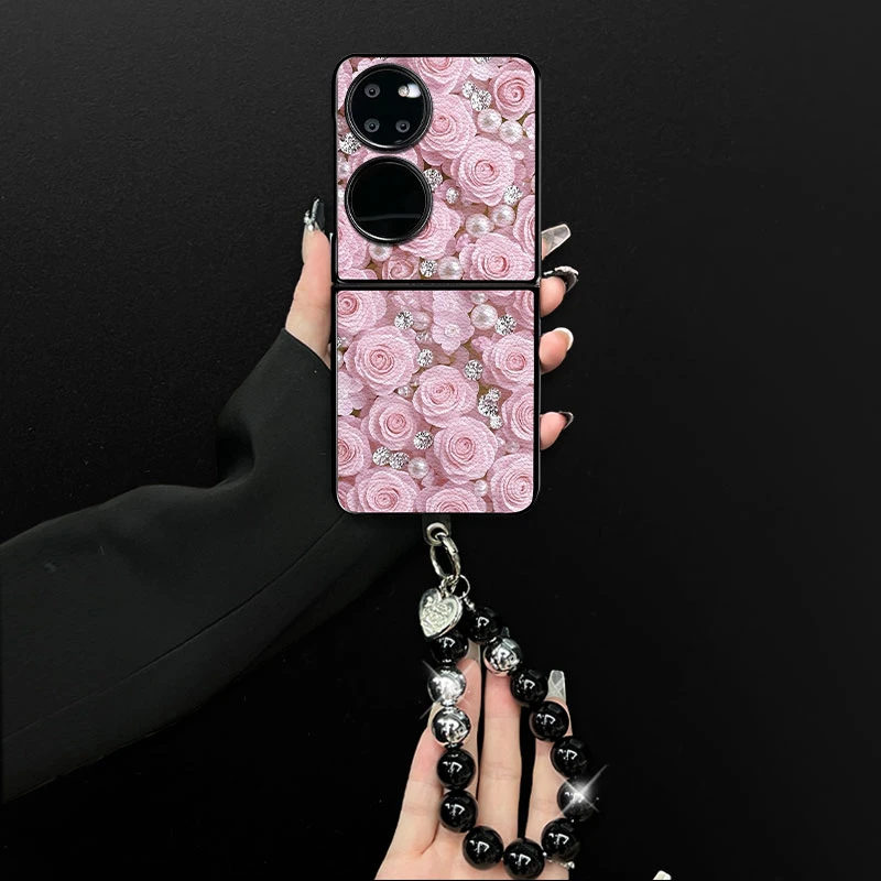 适用华为pockets手机壳热恋玫瑰编织小羊皮折叠壳全包保护套