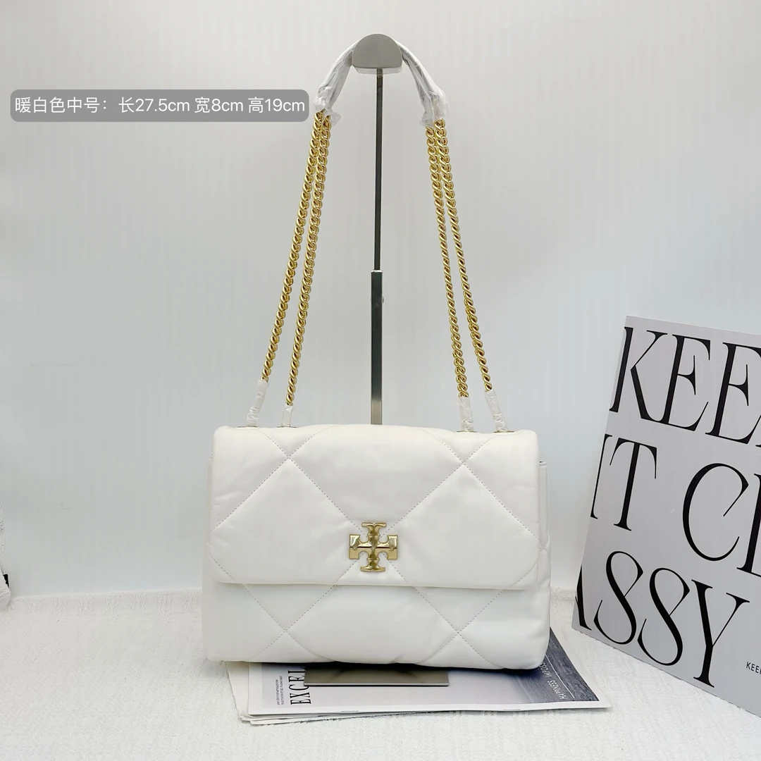 99新 TORY BURCH/汤丽柏琦  Kira白色中号牛皮链条包 008新款菱格