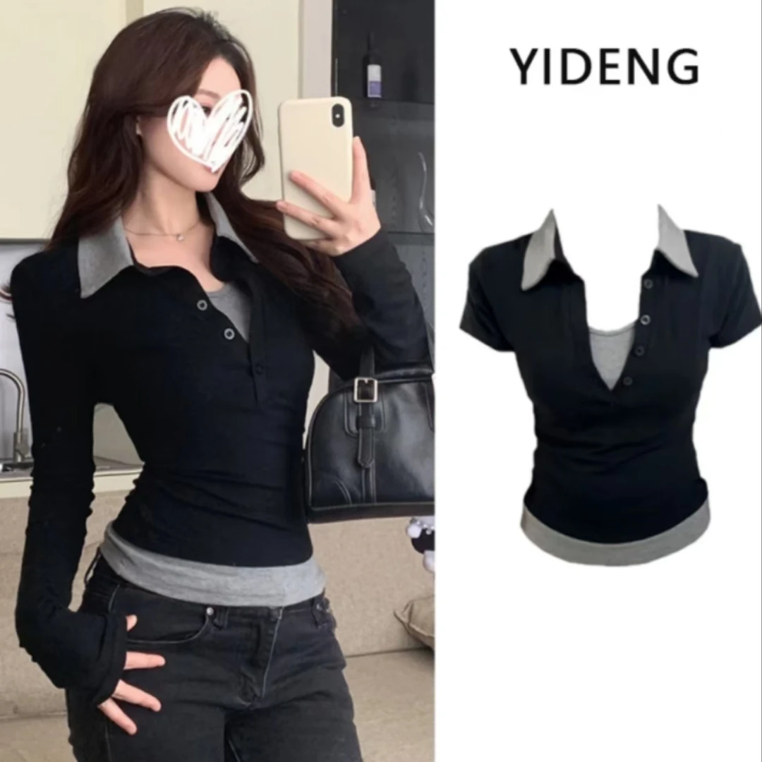 YIDENG【真两层】夏季假两件拼接设计感撞色翻领长袖T恤打底上衣