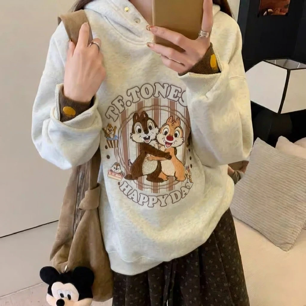 重工刺绣连帽加绒卫衣秋冬卡通潮牌慵懒风学院风小众学生休闲宽松