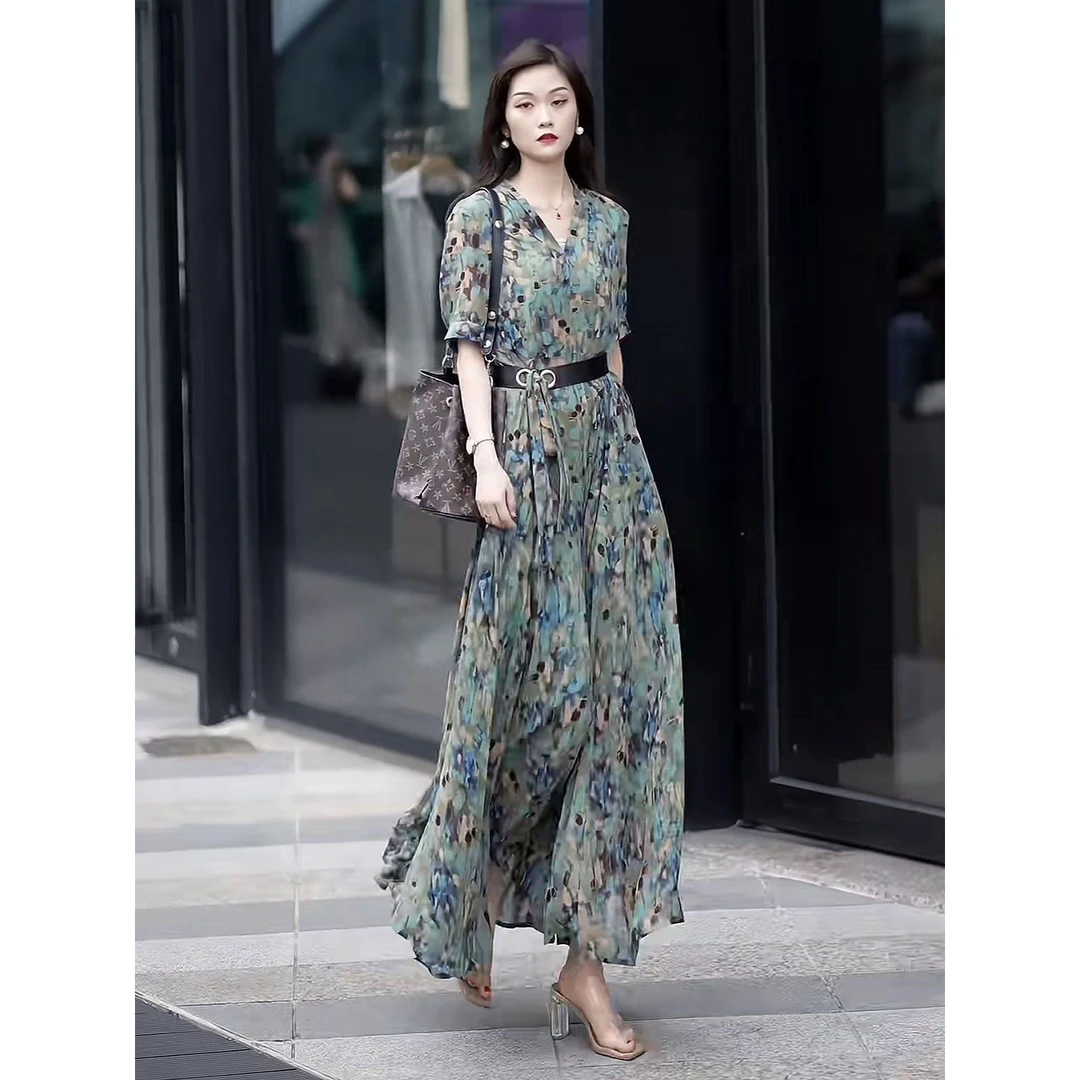 印花短袖连衣裙2024夏季新款高端阔太太气质收腰遮肉显瘦大摆长裙