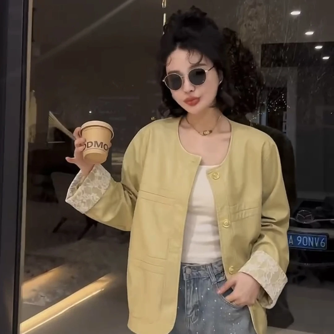 胖胖家*2390新款圆领百搭显瘦拼接蕾丝皮衣外套